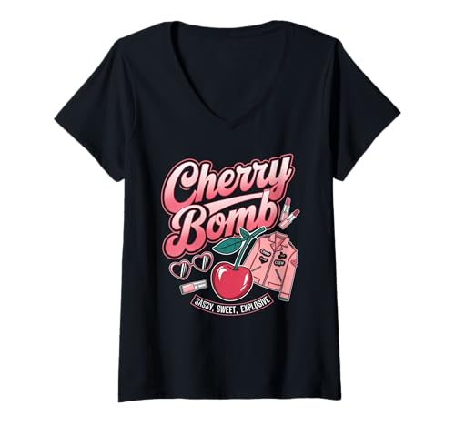 Damen Cherry Bomb TShirt Frauen Männer Kirschen Roller Derby T-Shirt mit V-Ausschnitt Damen Cherry Bomb TShirt Frauen Männer Kirschen Roller Derby T-Shirt mit V-Ausschnitt von Cherry Bomb TShirt Frauen Männer Kirschen