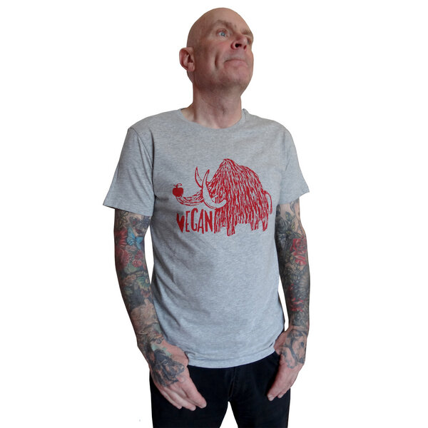 Cherry Bomb Vegan Mammut. Männer T-Shirt, faire Biobaumwolle, grau. Handsiebdruck von Cherry Bomb