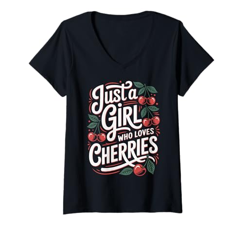 Damen Cherry Nur EIN Mädchen, das Kirschfrüchte liebt T-Shirt mit V-Ausschnitt von Cherry Cherries Fruit Food