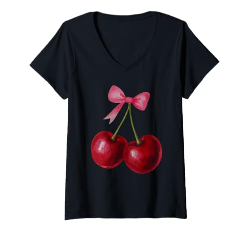 Damen Kokette Schleife ästhetisch Rot Kirsche Rosa Kirschen Mädchen Frauen T-Shirt mit V-Ausschnitt Damen Kokette Schleife ästhetisch Rot Kirsche Rosa Kirschen Mädchen Frauen T-Shirt mit V-Ausschnitt von Cherry Coquette Bow Kawaii Cherries Youth Teens