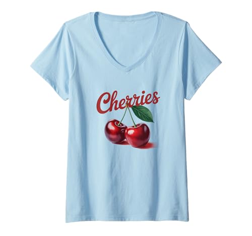 Damen Retro Kirschen Illustration kräftige rote Früchte mit Vintage T-Shirt mit V-Ausschnitt Damen Retro Kirschen Illustration kräftige rote Früchte mit Vintage T-Shirt mit V-Ausschnitt von Cherry Design, Retro Fruit Graphic
