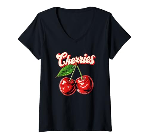 Damen Retro Kirschen Illustration kräftige rote Früchte mit Vintage Tippo T-Shirt mit V-Ausschnitt von Cherry Design, Retro Fruit Graphic