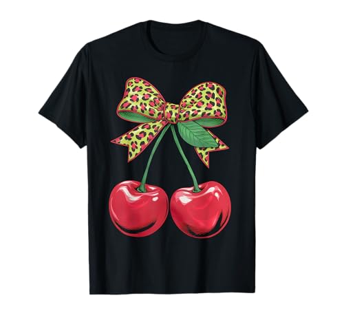 Cherry Fruit Kawaii Kirschschleife Leopard T-Shirt für Unisex-Kinder & -Erwachsene, Schwarz, S, Kurzarm, T-Shirt, Leopard-Kirsch-Design, Dehnbar von Cherry Fruit Kawaii