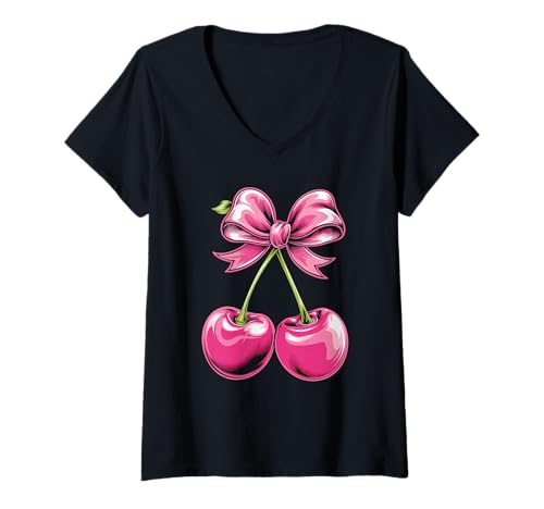 Damen Kirschbogen Kirschen Obst T-Shirt mit V-Ausschnitt von Cherry Fruit Kawaii