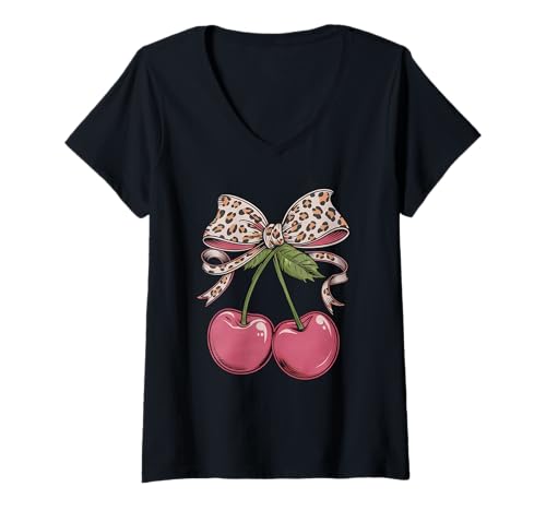 Damen Kirschen Coquette Kirsche Leopardenschleife T-Shirt mit V-Ausschnitt von Cherry Fruit Kawaii