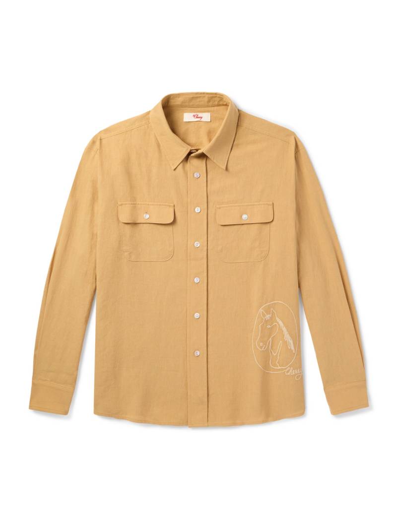 Cherry Los Angeles - Button-Down Collar Embroidered Cotton and Linen-Blend Shirt - Men - Yellow - XL von Cherry Los Angeles