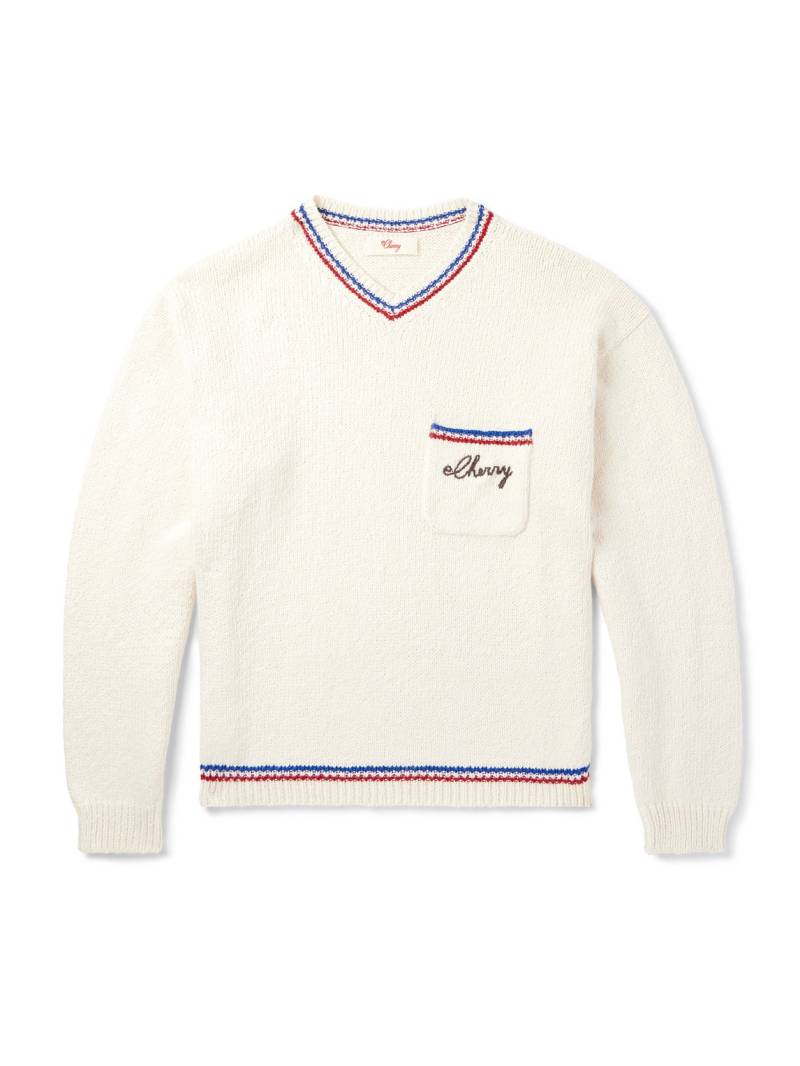 Cherry Los Angeles - Striped Embroidered Cotton-Jersey Sweater - Men - Neutrals - M von Cherry Los Angeles