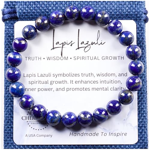 Cherry Tree Collection Handgefertigte Stretch-Armbänder mit Kristallperlen für Damen und Herren – klein, mittel, groß – Karte mit heilenden Eigenschaften – 8 mm runde Perlen, Medium, Stein, Lapis von Cherry Tree Collection