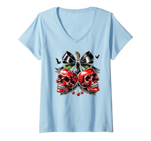 Damen Kirsche und Totenkopf Halloween Kostüme T-Shirt mit V-Ausschnitt von Cherry skulls