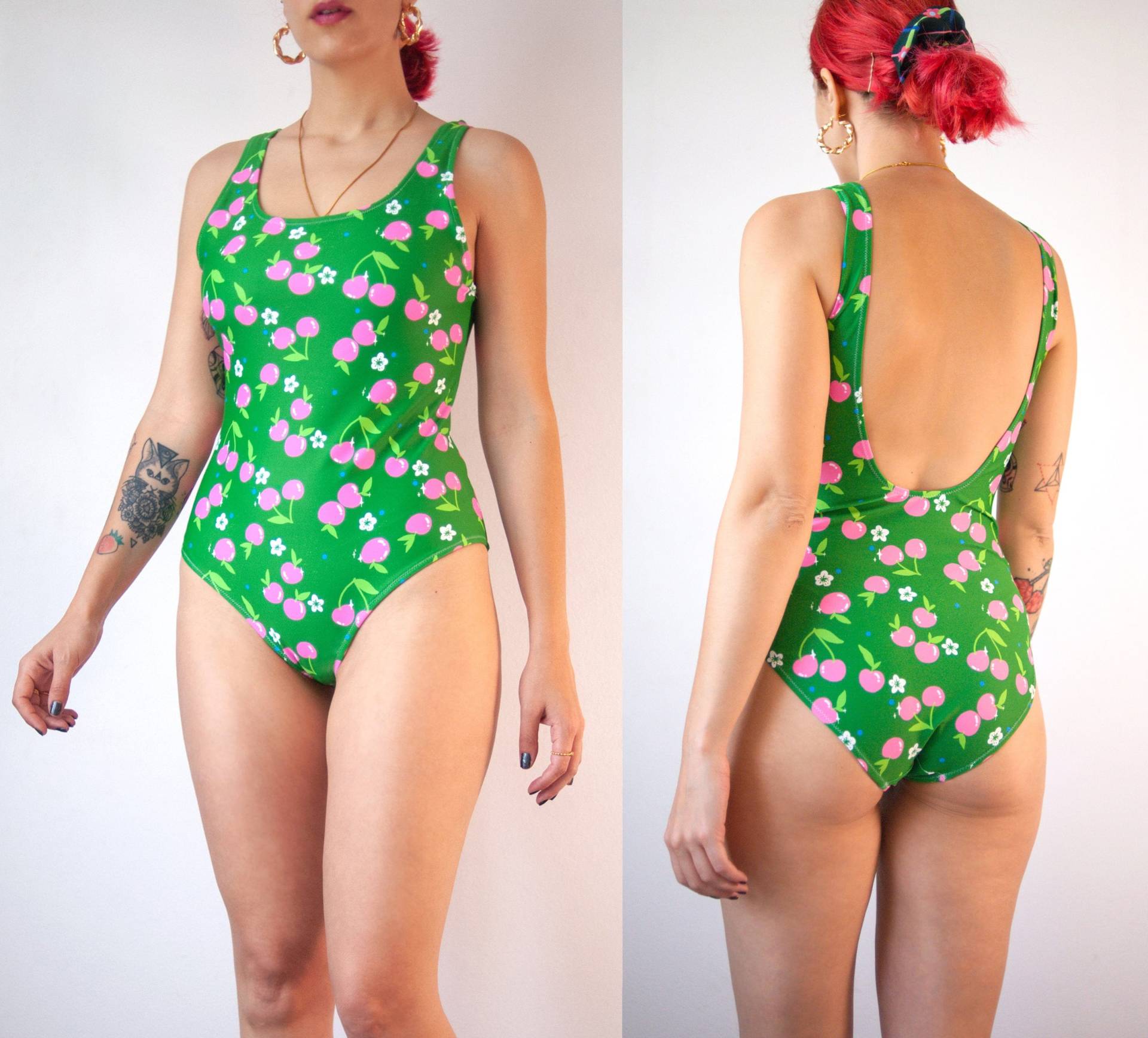 Einteiliger Badeanzug Mit Tiefem Rücken Und Rosa Kirschen-Print/Neue Farbenfrohe Badebekleidungskollektion von CherryAndMint