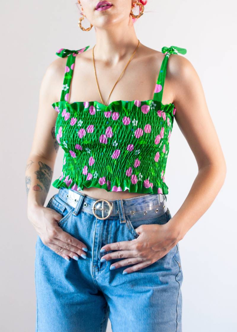 Kirschen Print Gerafftes Crop Top Aus Bio Baumwolle | Farbenfrohes Zwei Teiliges Set von CherryAndMint