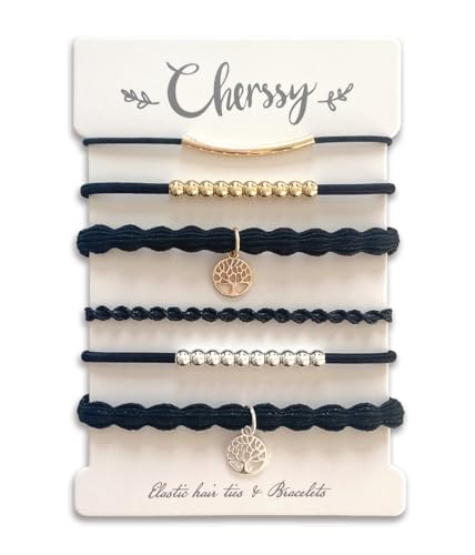 Cherssy Baum des Lebens Haargummis Armbänder für Frauen, 6 Stück, schwarz, dekorative Haargummis für dickes und dünnes Haar, elastische Perlenarmband, Haargummis für Pferdeschwanz-Halter von Cherssy