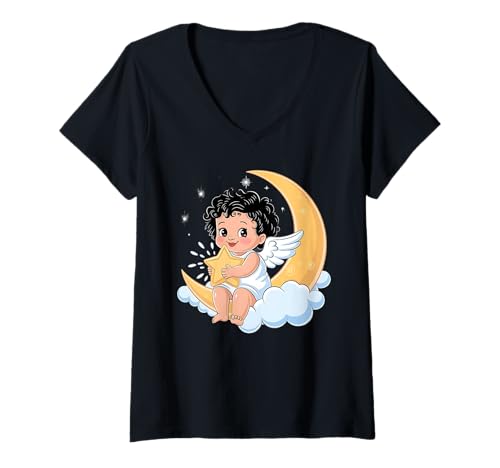 Damen Niedlicher Engel-Liebhaber mit Stern Mond Wolken Cartoon Engel Kunst T-Shirt mit V-Ausschnitt Damen Niedlicher Engel-Liebhaber mit Stern Mond Wolken Cartoon Engel Kunst T-Shirt mit V-Ausschnitt von Cherub Angel Cute Angel With Wings Kids Angel