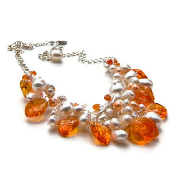 Orange Hochzeit Halsketten Für Frauen, Perlen Blatt Halskette, Märchen Schmuck, Waldfee Feen Schmuck von CherylParrottJewelry