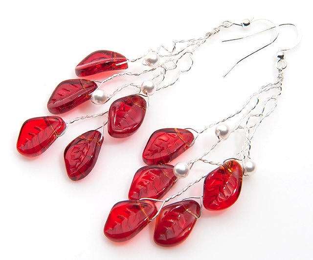Rote Blatt Ohrringe Silber, Rote Lange Ohrringe, Kronleuchter Für Brautjungfern, Boho Frauen von CherylParrottJewelry