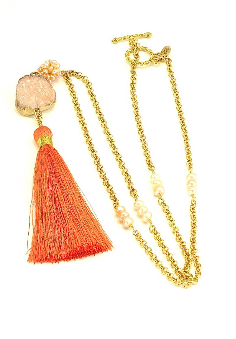 Pfirsich Quaste Halskette Goldkette, Süßwasserperlen, Druzy Boho Schmuck von CherylPetersonDesign