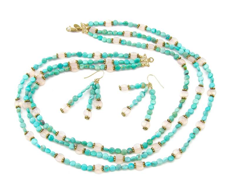 Türkis Und Rosenquarz Halsketten Set Dreireihiger Perlenschmuck von CherylPetersonDesign