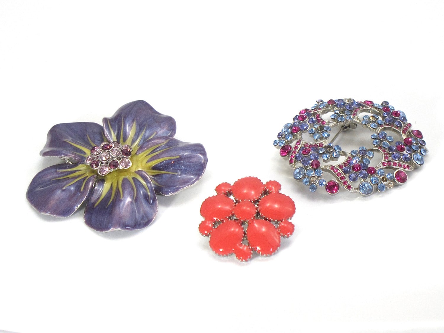 Vintage Broschen Set Strass Blüten Anstecknadeln, Modeschmuck von CherylPetersonDesign