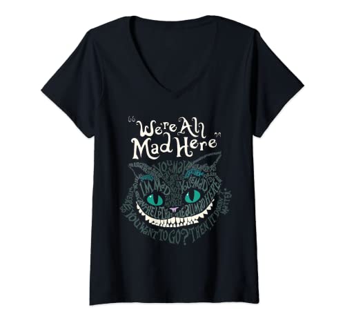 Damen Cheshire Alice Cat Wir sind alle verrückt hier Wunderland T-Shirt mit V-Ausschnitt von Cheshire Alice Cat We're All Mad Wonderland Tees