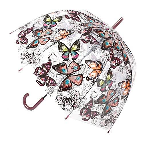 Chesoon Klarer Kuppelschirm Automatisch geöffnete transparente Oberfläche für Frauen Mädchen mit J-Haken Griff Winddicht Schmetterling Regenschirm,Braun von Chesoon