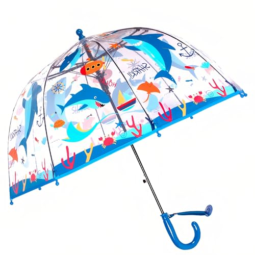 Chesoon Regenschirm für Jungen im Alter von 3-8 Jahren Automatisch geöffnete 8 Fiberglas-Rippen Leichter Regenschirm mit Namensschild und Hai-Motiven von Chesoon