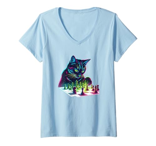 Damen Katze spielt Schach Cartoon T-Shirt mit V-Ausschnitt Damen Katze spielt Schach Cartoon T-Shirt mit V-Ausschnitt von Chess Club Cat Collection