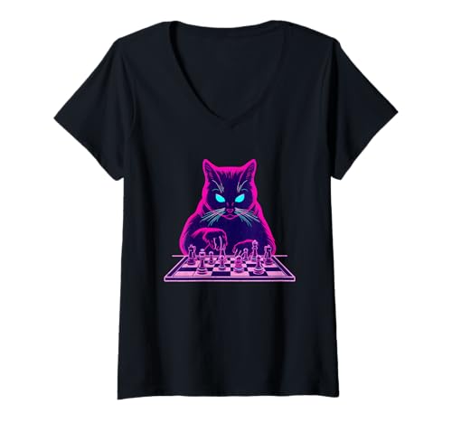 Damen Katze spielt Schach T-Shirt mit V-Ausschnitt Damen Katze spielt Schach T-Shirt mit V-Ausschnitt von Chess Club Cat Collection