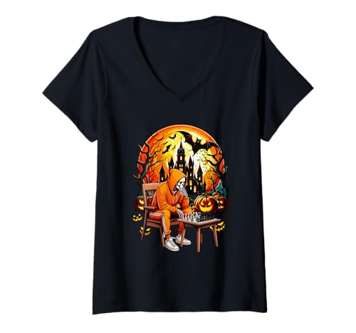 Damen Chess Player Sports Lover Costume Halloween Skeleton T-Shirt mit V-Ausschnitt Damen Chess Player Sports Lover Costume Halloween Skeleton T-Shirt mit V-Ausschnitt von Chess Halloween Costume