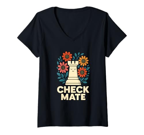 Damen Check Mate Schachblume Grafik Lustige Kunst T-Shirt mit V-Ausschnitt Damen Check Mate Schachblume Grafik Lustige Kunst T-Shirt mit V-Ausschnitt von Chess Humor and Strategy Flower Apparel
