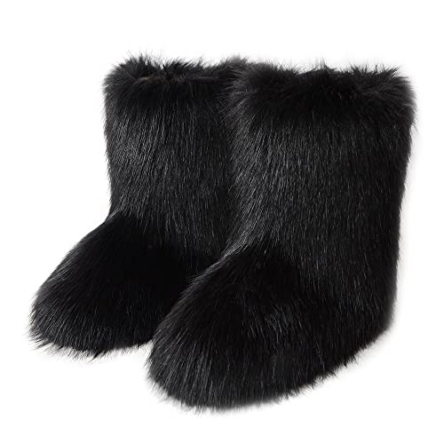 Cheuling Damen Kunstpelz Stiefel | Warme Flauschige Kunstfell Hausschuhe | Gummisohle | Mittlere Winterstiefel | Flache Kurze Schneestiefel von Cheuling