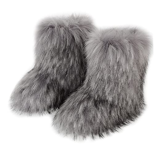 Cheuling Damen Kunstpelz Stiefel | Warme Flauschige Kunstfell Hausschuhe | Gummisohle | Mittlere Winterstiefel | Flache Kurze Schneestiefel von Cheuling