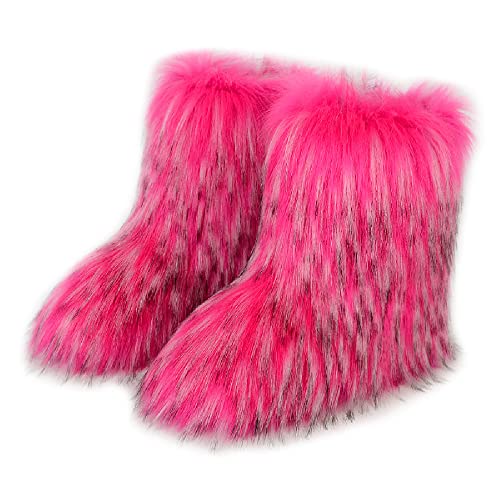 Cheuling Damen Kunstpelz Stiefel | Warme Flauschige Kunstfell Hausschuhe | Gummisohle | Mittlere Winterstiefel | Flache Kurze Schneestiefel von Cheuling