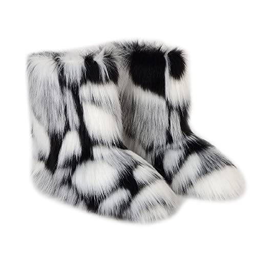 Cheuling Damen Kunstpelz Stiefel | Warme Flauschige Kunstfell Hausschuhe | Gummisohle | Mittlere Winterstiefel | Flache Kurze Schneestiefel von Cheuling