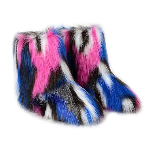 Cheuling Damen Kunstpelz Stiefel | Warme Flauschige Kunstfell Hausschuhe | Gummisohle | Mittlere Winterstiefel | Flache Kurze Schneestiefel von Cheuling