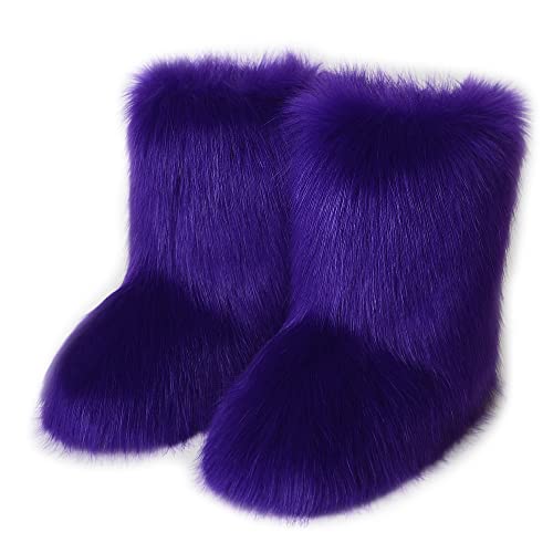 Cheuling Damen Kunstpelz Stiefel | Warme Flauschige Kunstfell Hausschuhe | Gummisohle | Mittlere Winterstiefel | Flache Kurze Schneestiefel von Cheuling