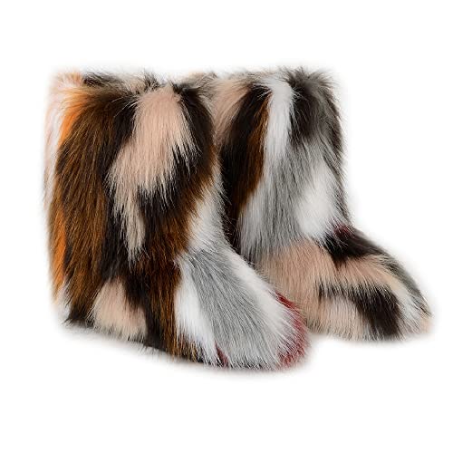 Cheuling Damen Kunstpelz Stiefel | Warme Flauschige Kunstfell Hausschuhe | Gummisohle | Mittlere Winterstiefel | Flache Kurze Schneestiefel von Cheuling