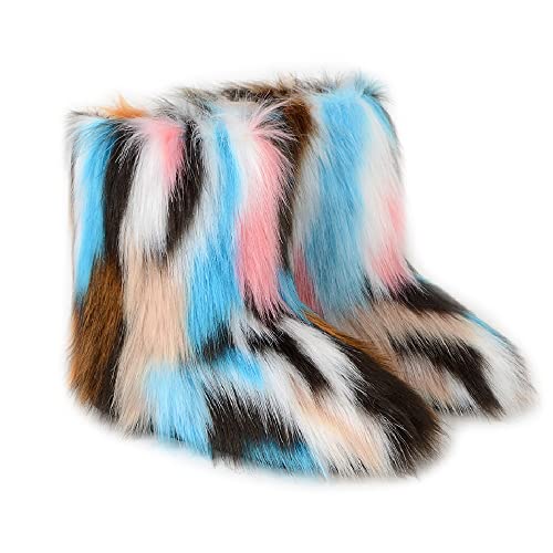 Cheuling Damen Kunstpelz Stiefel | Warme Flauschige Kunstfell Hausschuhe | Gummisohle | Mittlere Winterstiefel | Flache Kurze Schneestiefel von Cheuling