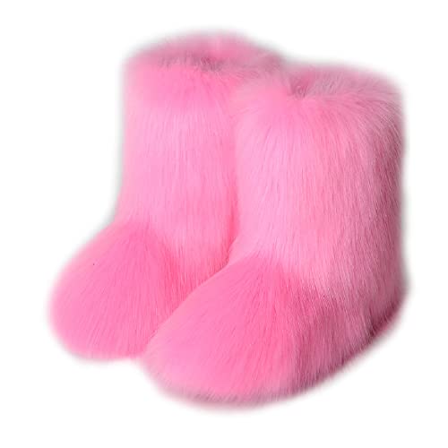 Cheuling Damen Kunstpelz Stiefel | Warme Flauschige Kunstfell Hausschuhe | Gummisohle | Mittlere Winterstiefel | Flache Kurze Schneestiefel von Cheuling