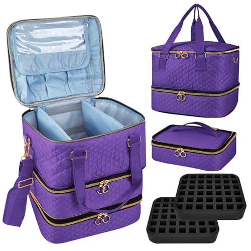Cheungren Nagellack-Organizer-Etui, dreilagige Nagellack-Aufbewahrungstasche mit verstellbaren Trennwänden, für 84 Flaschen, Nagellampe, Nagelset, Organizer, Box, Violett von Cheungren