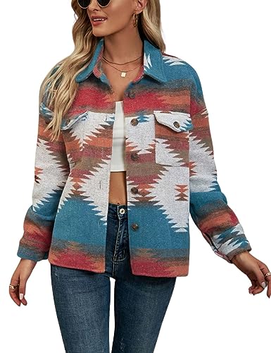 Chevara Damen Vintage Ethno Aztec Jacke Langarm Knopfleiste Wolle Shacket Westernjacken, 03 Blau, S von Chevara