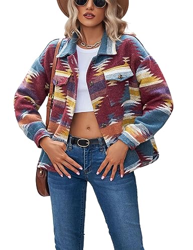 Chevara Damen Vintage Ethno Aztec Jacke Langarm Knopfleiste Wolle Shacket Westernjacken, 03 Rot, S von Chevara