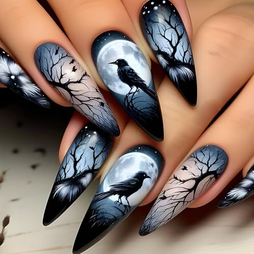 24 Stücke Presse Auf Nägeln Goth False Mit Crow Branch Mond Designs Vollbezüge Acryl Für Frauen Künstlicher Nagel von Chevnzev