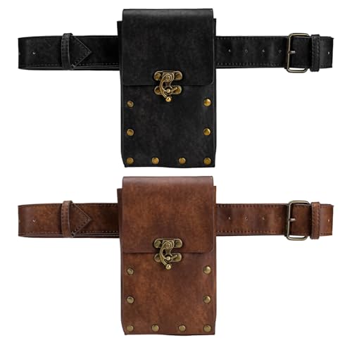 Motorrad Hüfttasche 2 Stück Männer und Frauen PU Leder Retro Vintage Schwarz & Braun Gürtel Verstellbar Fahrzeug Visier Tasche von Chewtoyo