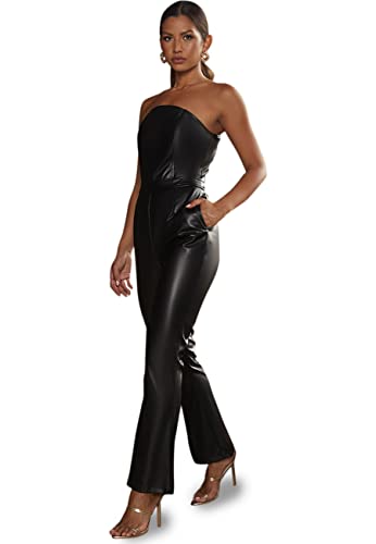 Chi Chi London Damen Bandeau-Jumpsuit aus Polyurethan in Schwarz PU-Kleid, 36 von Chi Chi London