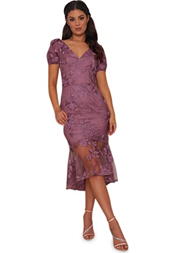 Chi Chi London Damen Besticktes Midi-Kleid mit V-Ausschnitt, Kurze Ärmel, Beerenfarben Cocktailkleid, Beere, 34 von Chi Chi London