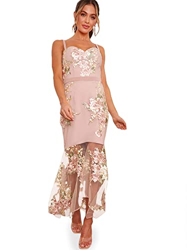 Chi Chi London Damen Figurbetontes Schößchen und Blumenstickerei in Rosa Kleid, Rose, 36 von Chi Chi London