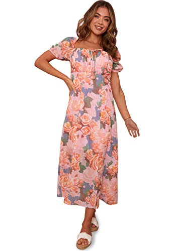 Chi Chi London Damen Gerafftes Midikleid mit Blumenmuster in Pink Cocktailkleid, Rose, 38 von Chi Chi London