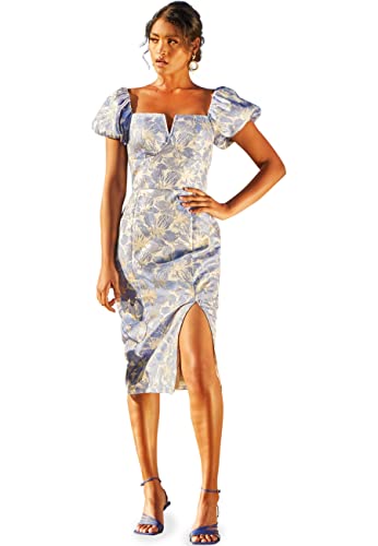 Chi Chi London Damen Jacquard kurzen Puffärmeln, Blau Kleid für besondere Anlässe, 32 von Chi Chi London