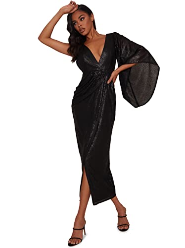 Chi Chi London Damen Plunge Sequin Wrap Midi Dress in Black Cocktailkleid, Schwarz, 42 von Chi Chi London
