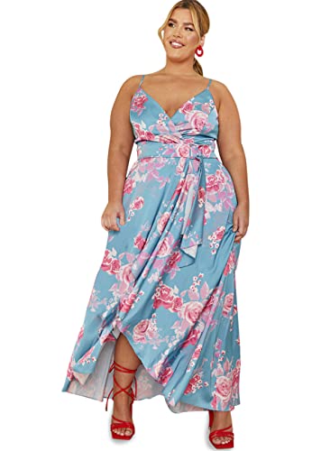 Chi Chi London Damen Plus Size Cami Floral Wrap Midi Dip Hem Dress in Green Cocktailkleid, 26 von Chi Chi London